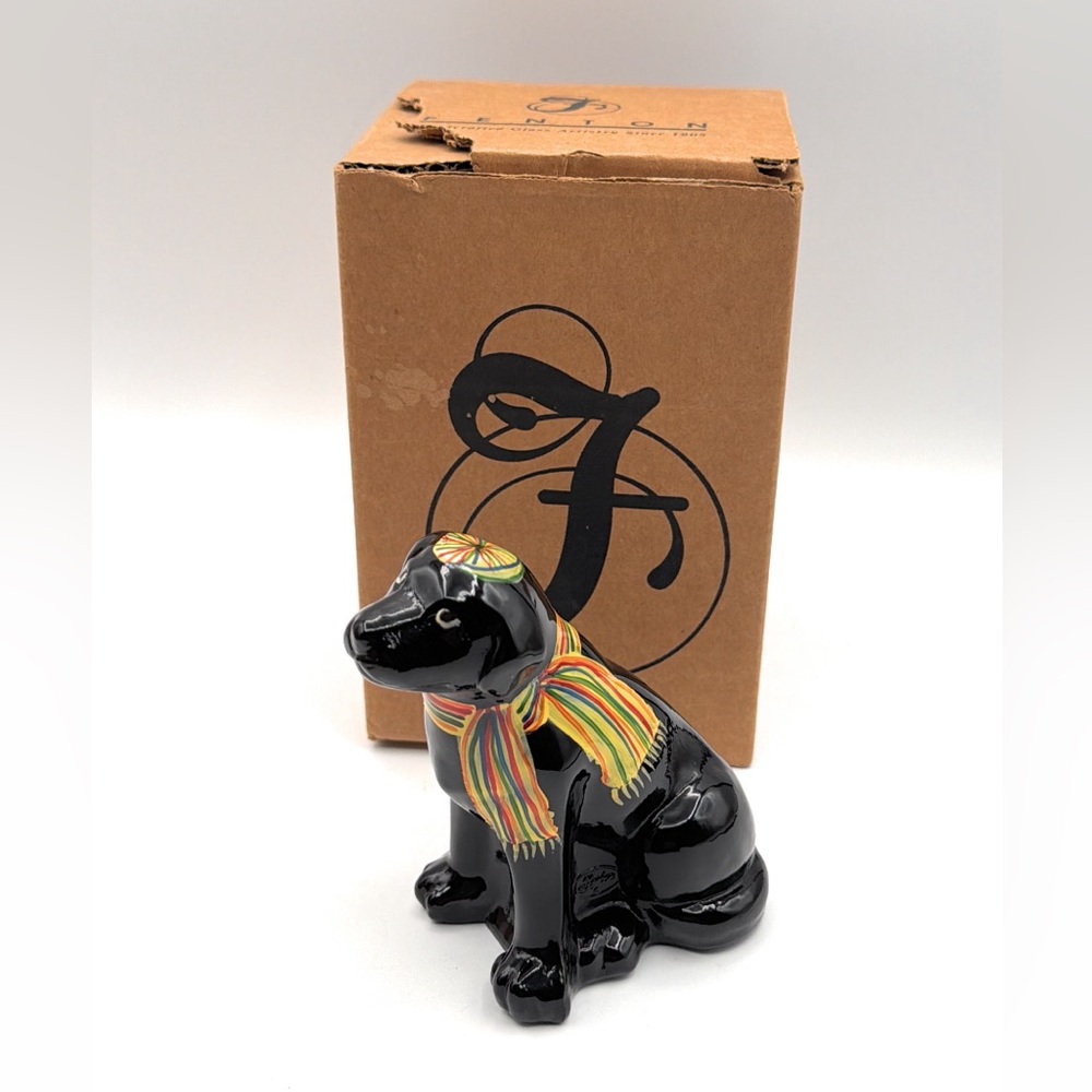 Fenton Black Labrador Lab Dog, Rainbow Scarf & Hat Figurine Hand Painted Signed
